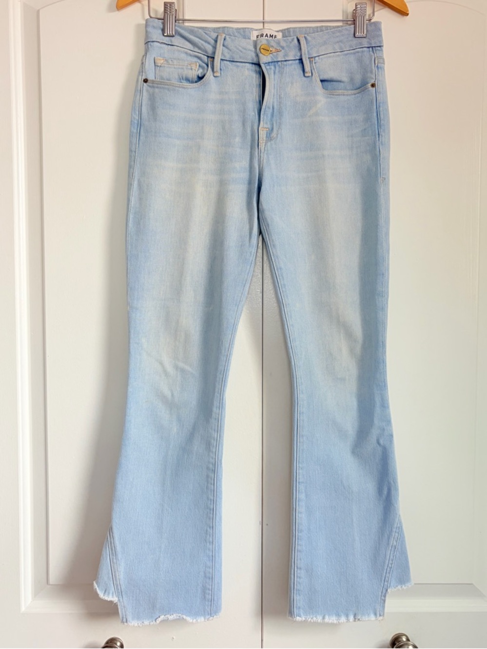 FRAME Bootcut Crop Jeans Womens 25 Light Wash Stretch Raw Hem Denim